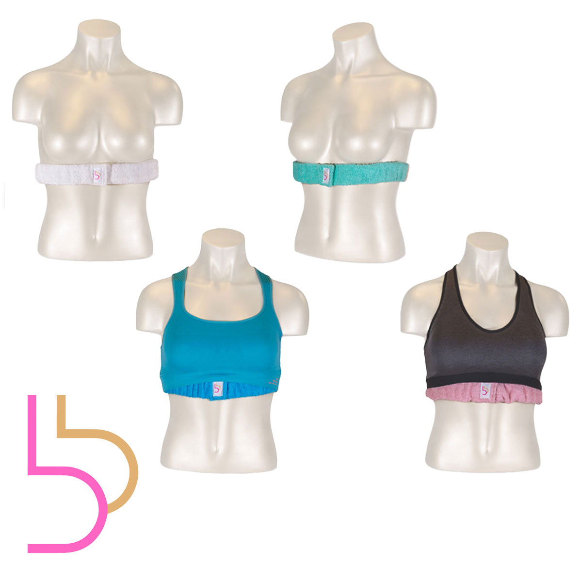 Original Boobie Band boob sweat bands shown on mannequins and with sports bras
