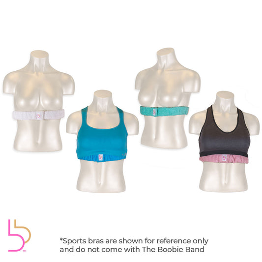 Original Boobie Band boob sweat bands shown on mannequins and with sports bras